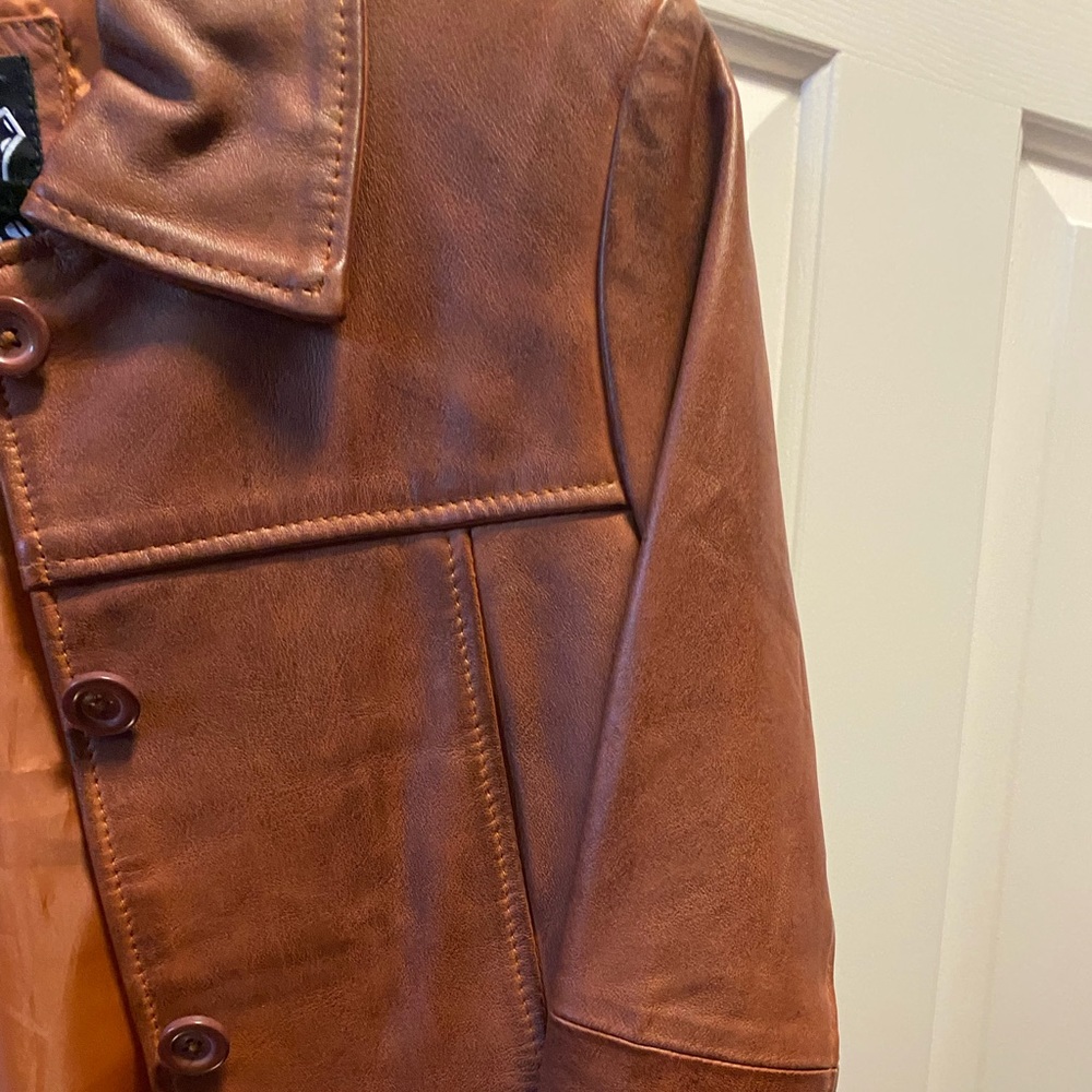 Authentic Tan Long Leather Jacket - image 2